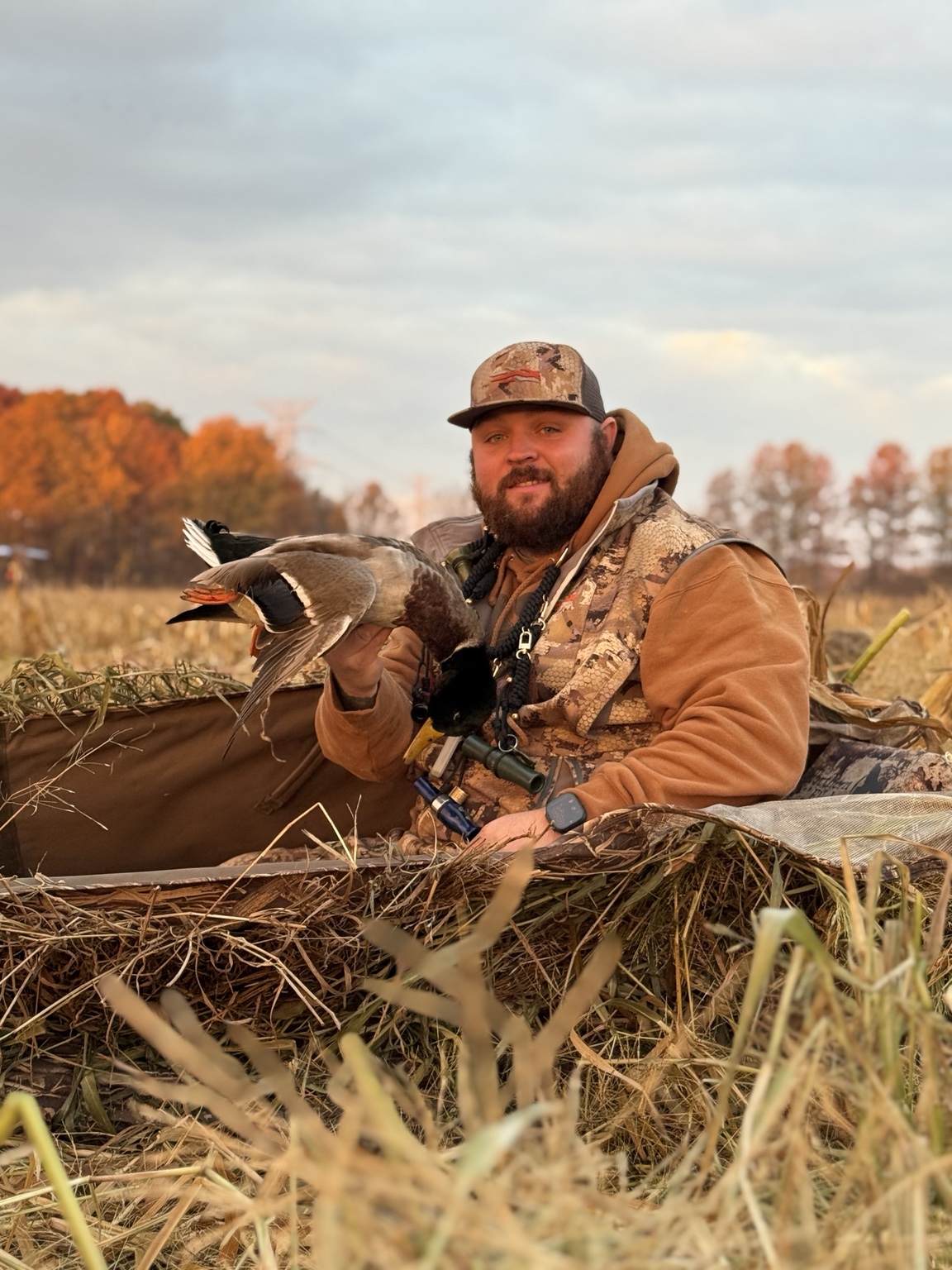 Waterfowl hunter holding two mallards in the field
